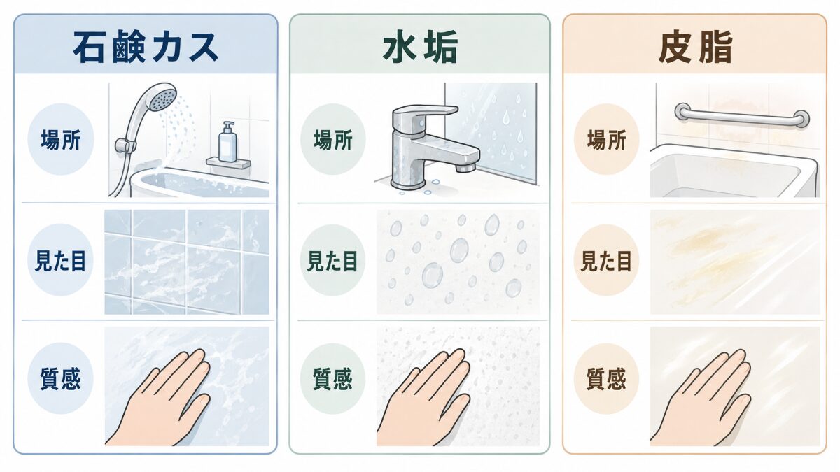 浴室の石鹸カス水垢皮脂汚れを場所と質感で比較する3カード図