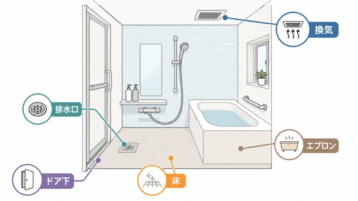浴室の臭いが出やすい場所を排水口床ドア下換気エプロンで示す図解