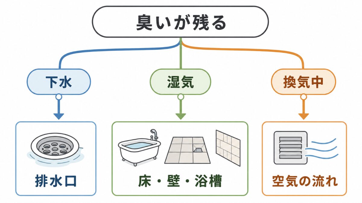 浴室の臭いの傾向から排水口や床壁や換気を確認する分岐図