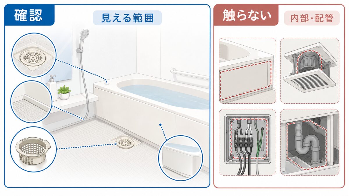 浴室の臭い確認で見える範囲と分解しない範囲を分ける注意範囲図