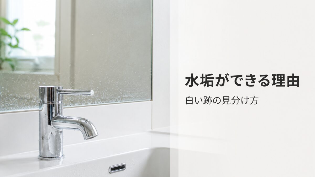 浴室の蛇口と鏡に残る水滴と白い水垢の原因を示すアイキャッチ
