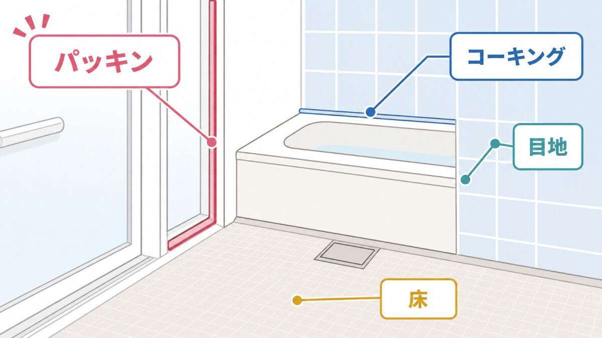 浴室の黒ずみを見る場所をゴムパッキンとコーキングと目地と床に分ける図解