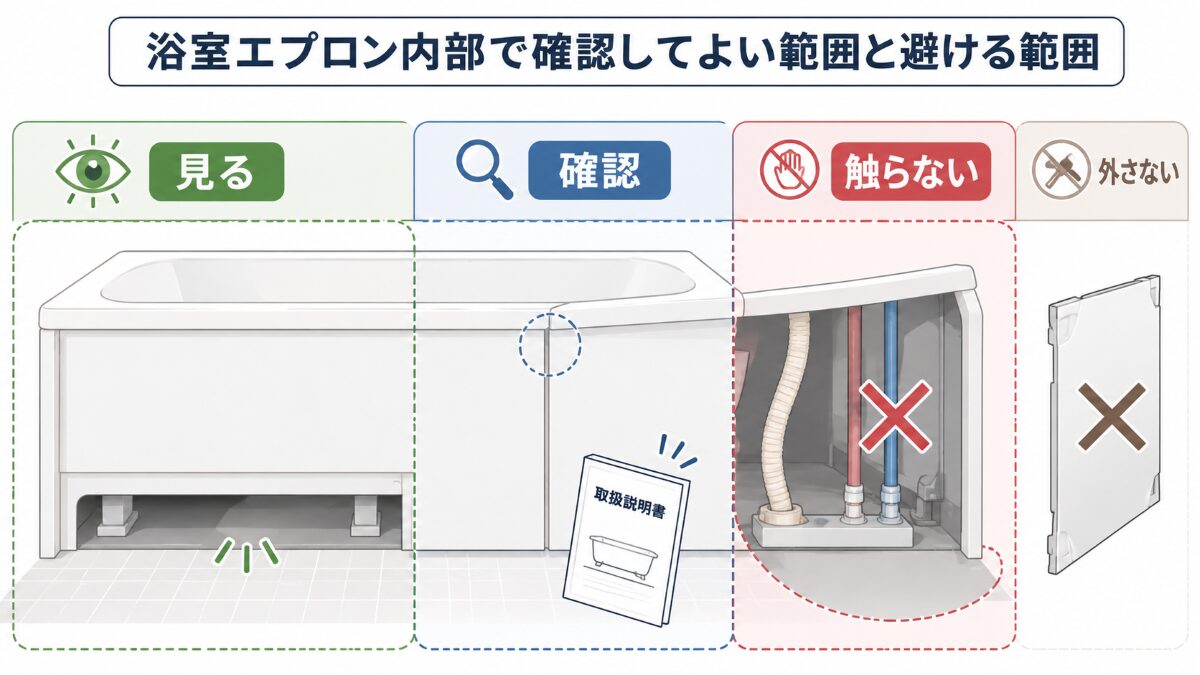 浴室エプロン内部で見える範囲と無理に外さない範囲を示す注意範囲図