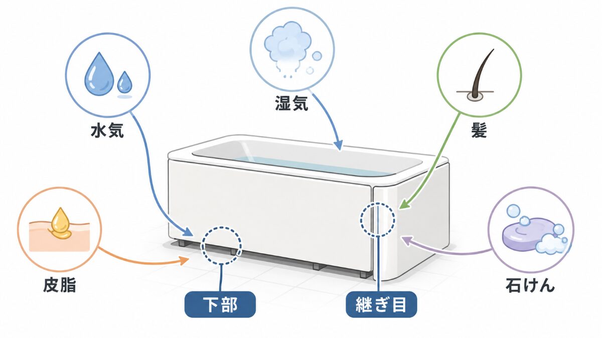 浴室エプロン内部に水気湿気髪皮脂石鹸カスが入り込む原因マップ