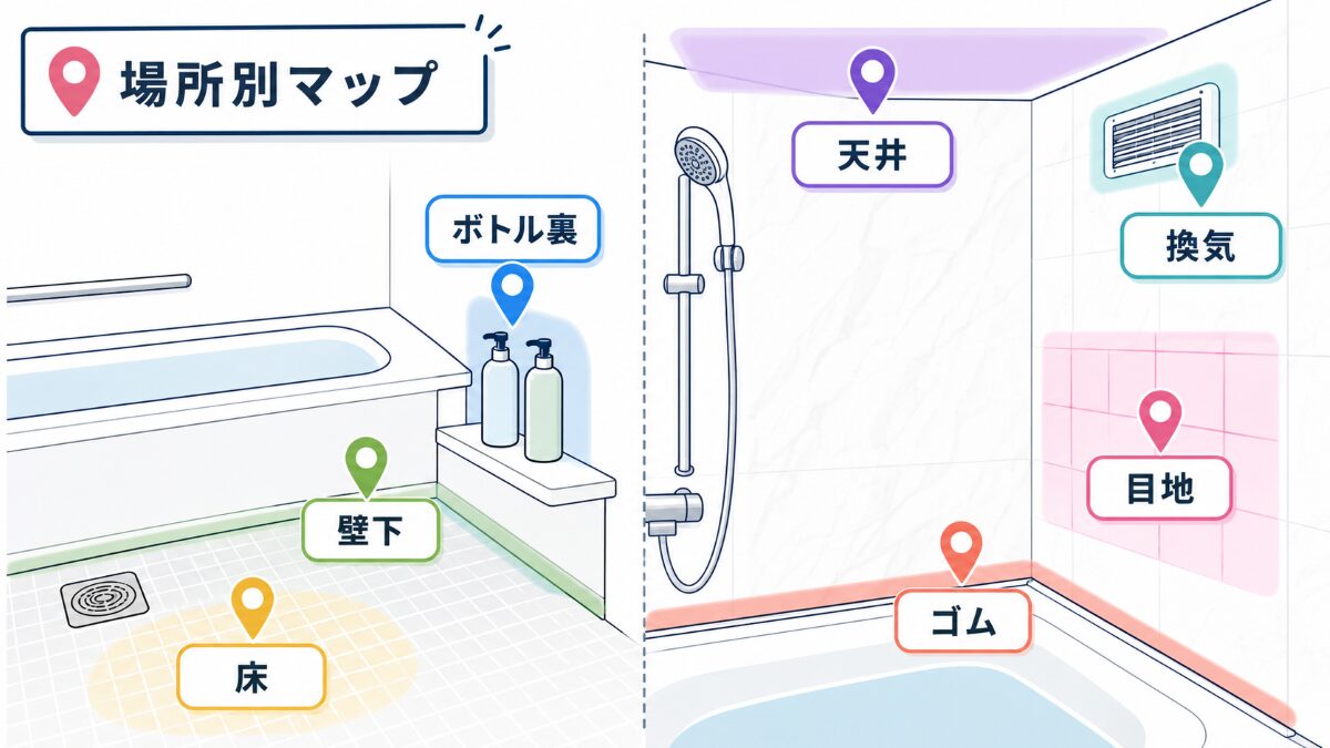 浴室カビが再発する場所を床壁下ボトル裏ゴム目地天井換気で整理した場所別マップ