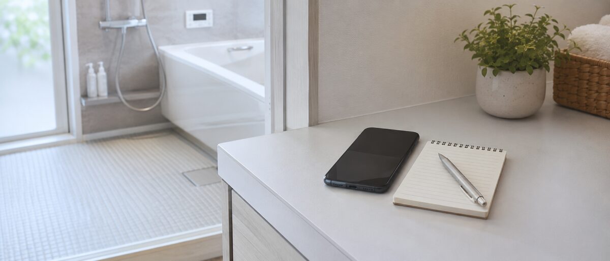 浴室カビの再発場所と戻る期間をスマホとメモで整理している様子