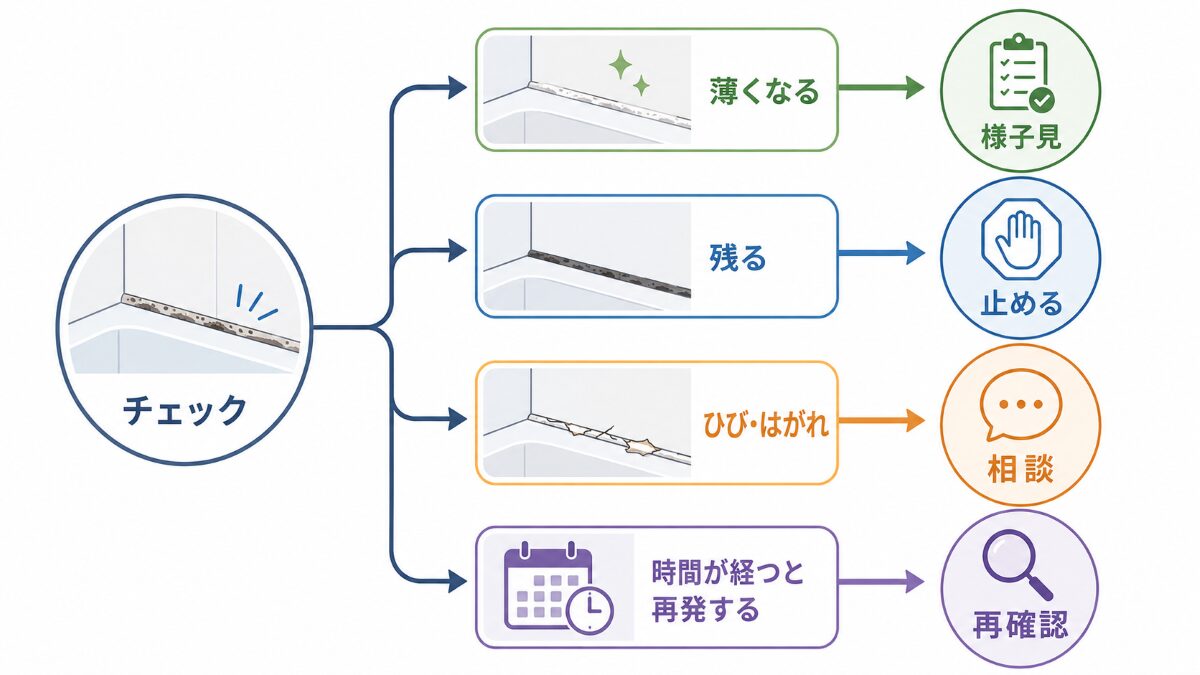 浴室コーキングのカビを掃除後の変化で判断するフロー図