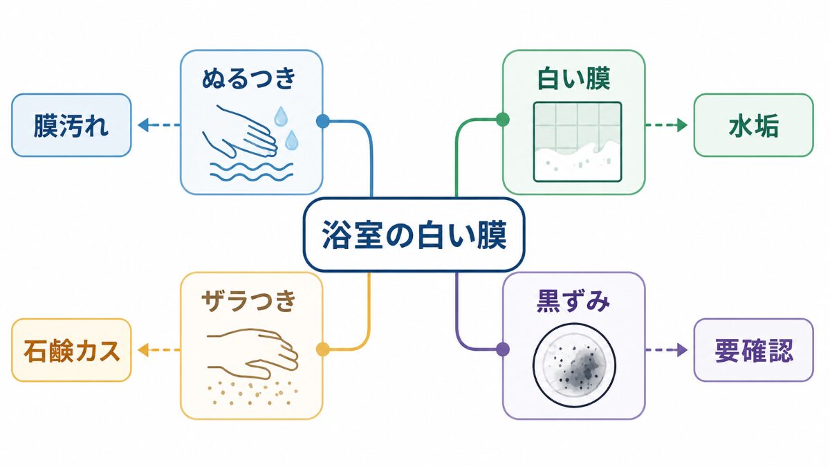 浴室シャンプー汚れと水垢や石鹸カスを症状別に見分ける図解