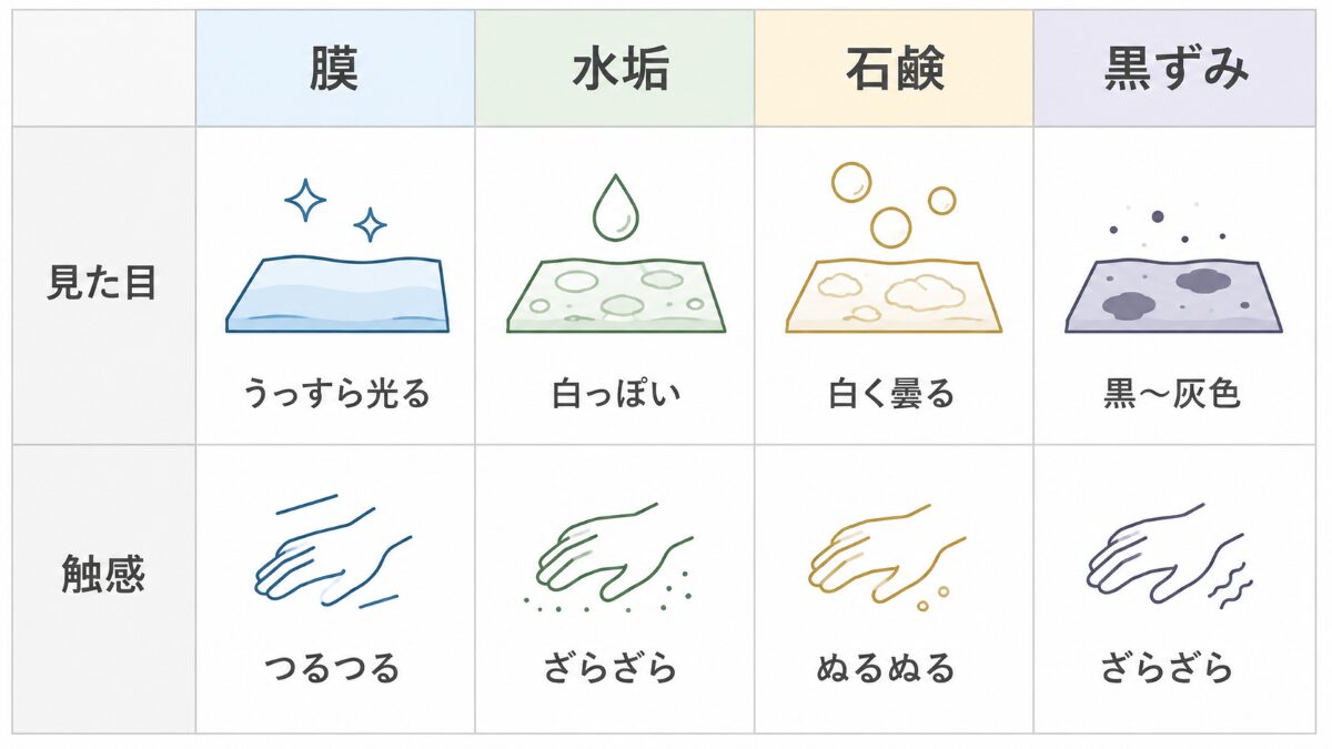 浴室シャンプー汚れと水垢石鹸カス黒ずみの違いを比較する図表