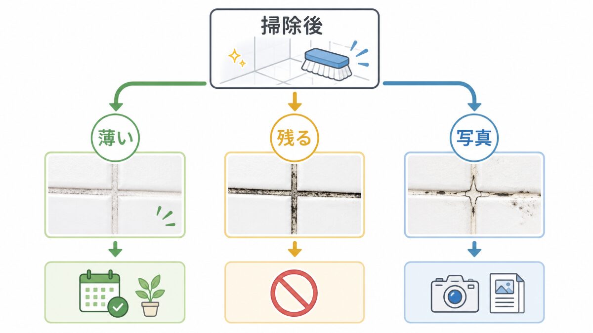 浴室タイル目地カビの掃除を続けるか止めるか判断するフロー