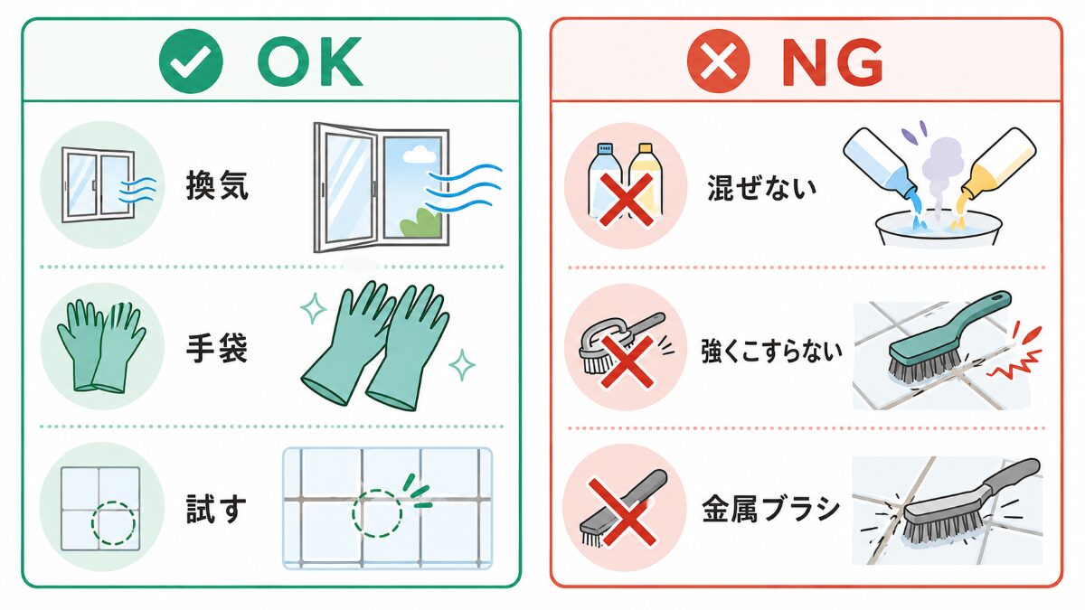 浴室タイル目地掃除で避けたい行動と確認したい行動の比較図