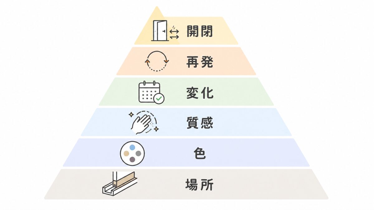 浴室ドアレール汚れを場所色質感変化再発開閉の順で判断する優先順位図