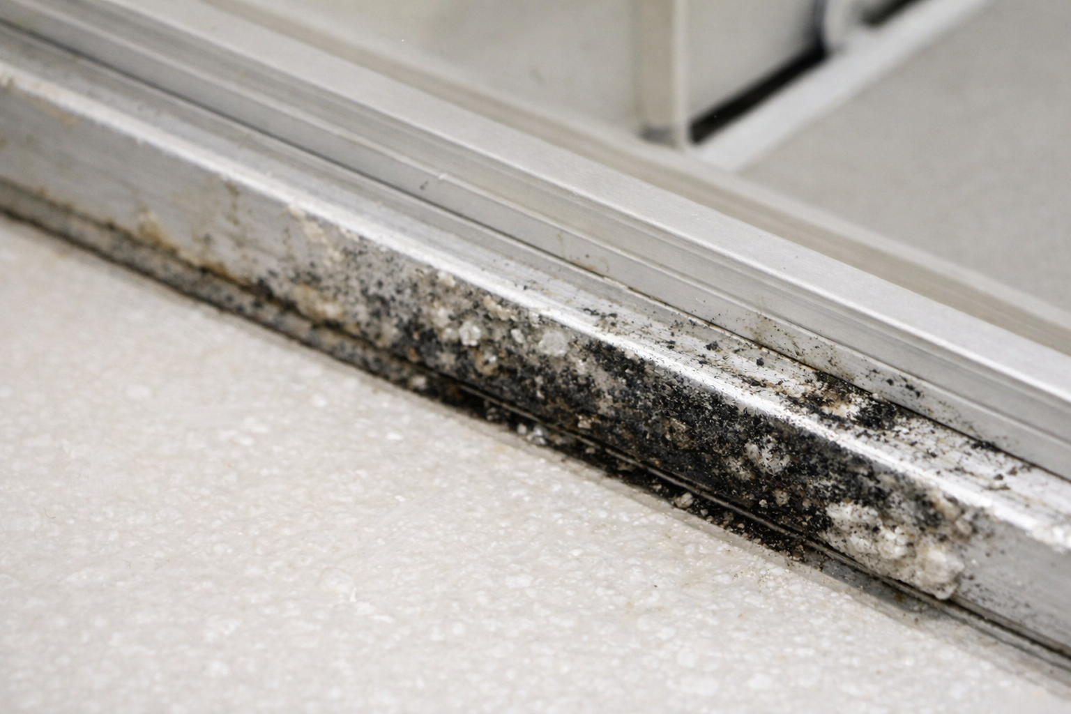 黒ずみと白い付着が混在した浴室ドアレールの状態