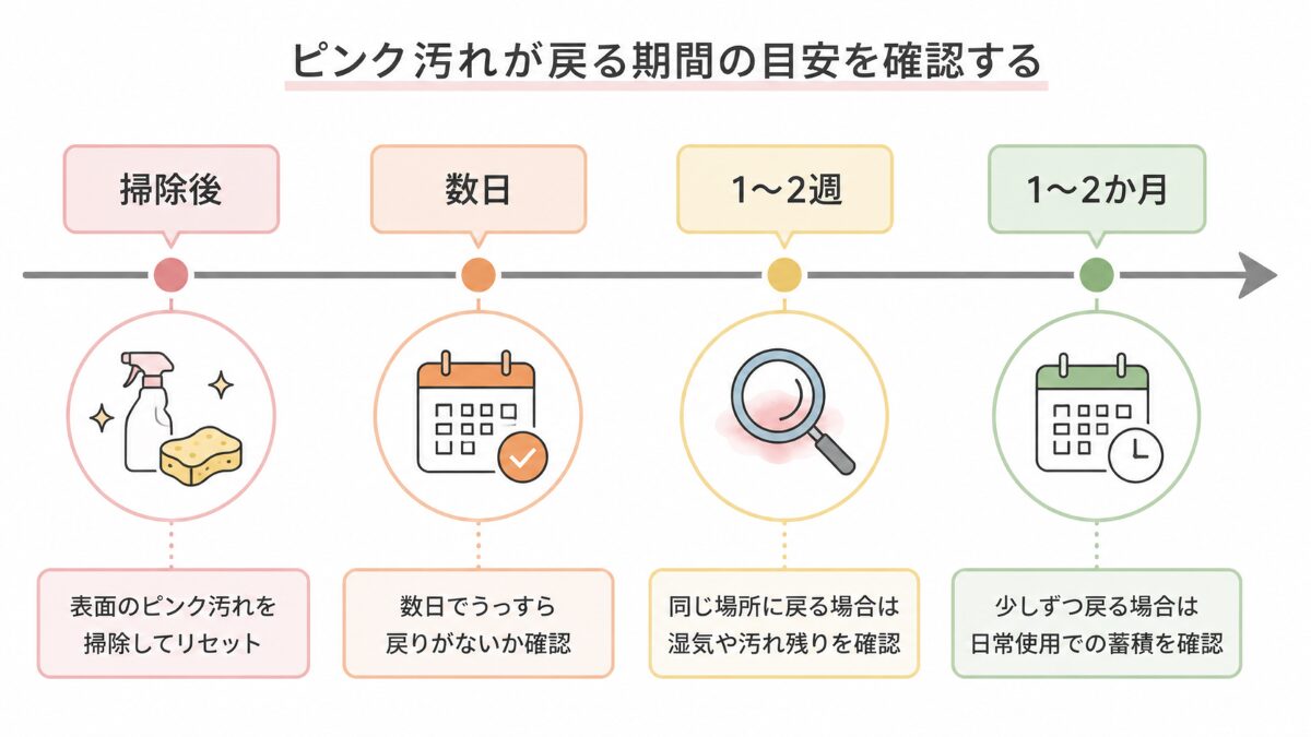 浴室ピンク汚れが掃除後に戻る期間を見る時系列フロー