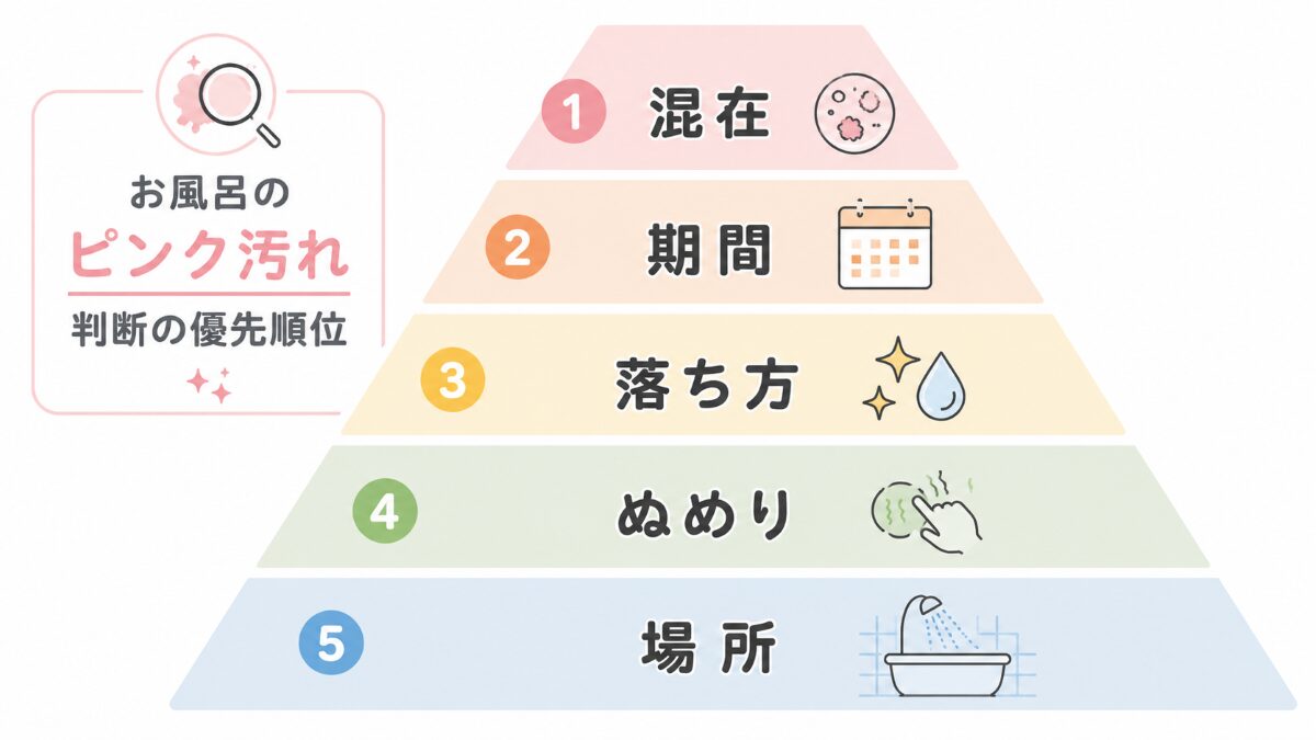 浴室ピンク汚れを場所ぬめり落ち方期間混在汚れの順で判断する優先順位図