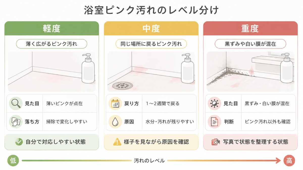 浴室ピンク汚れを軽度中度重度で判断するレベル分け図