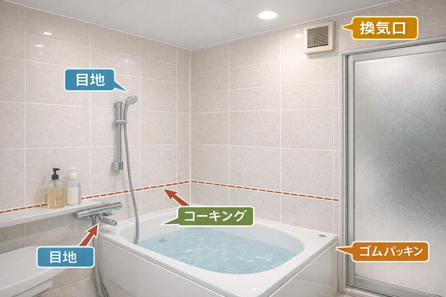 浴室で目地やコーキングなどカビが出やすい場所を示す写真