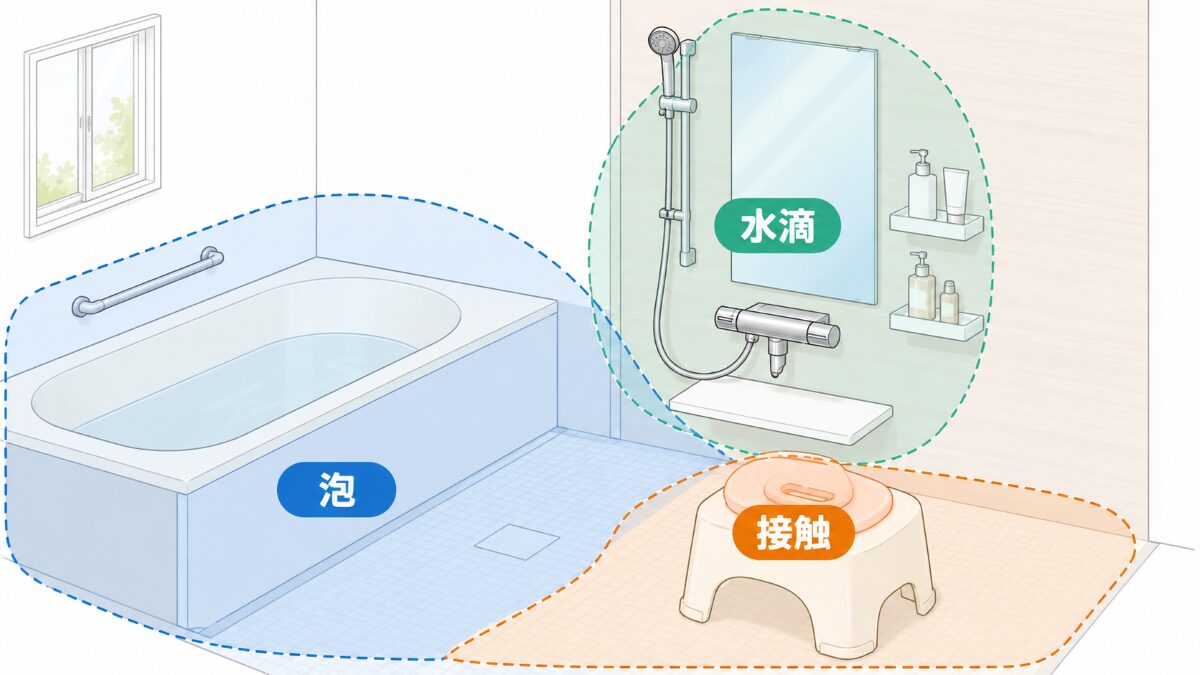 浴室内で泡水滴身体接触が多い場所を分ける場所別マップ