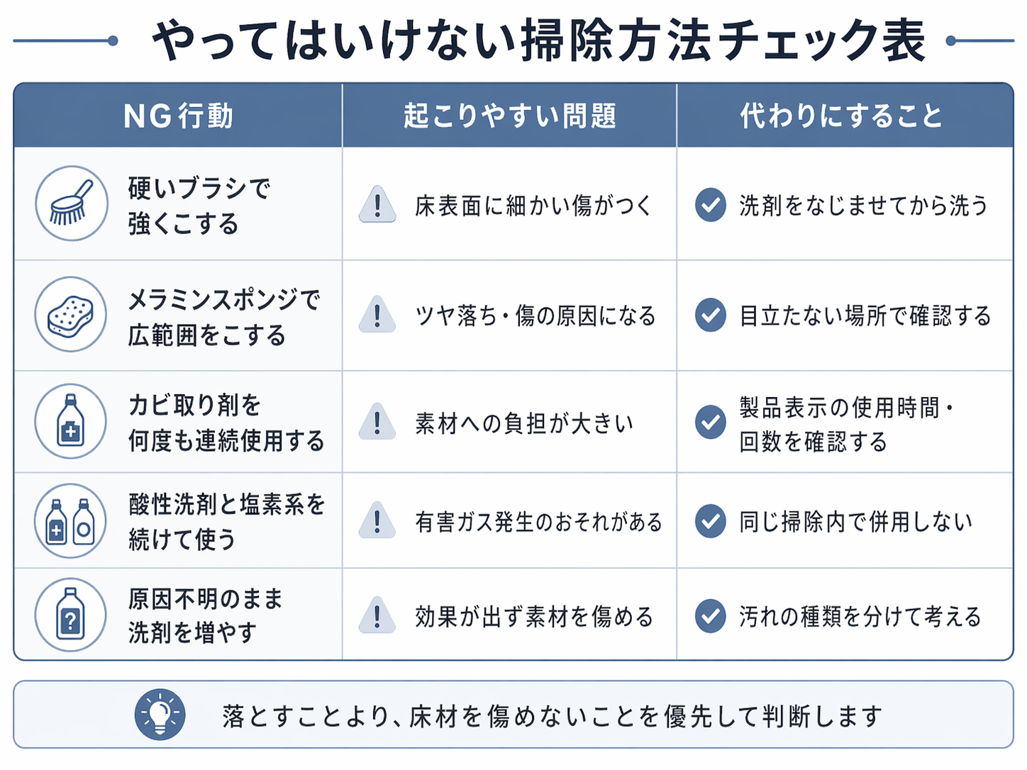 浴室床の黒ずみに対して避けたい掃除方法を整理したチェック表