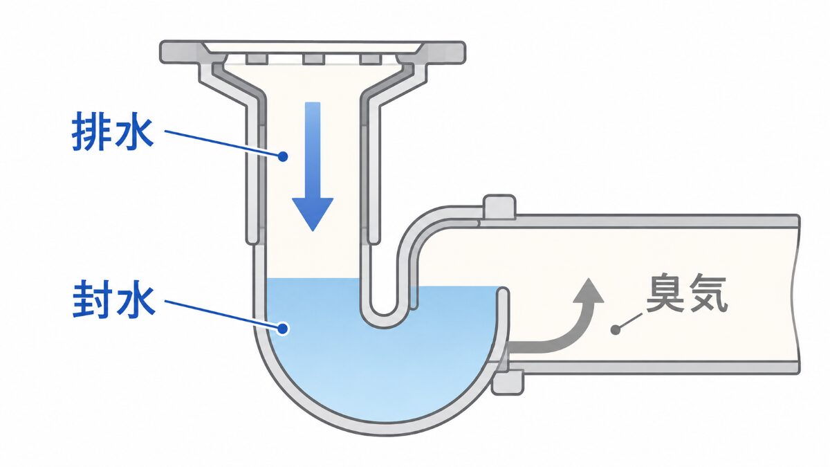 浴室排水トラップの封水が下水側の臭気を遮る仕組みの図