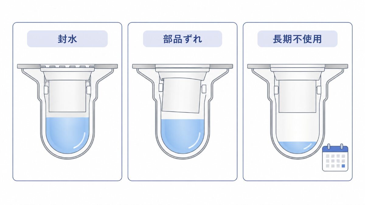 浴室排水トラップの封水部品ずれ長期不使用を比較する3カード図