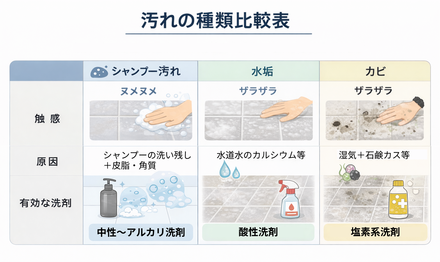 浴室汚れの種類比較表