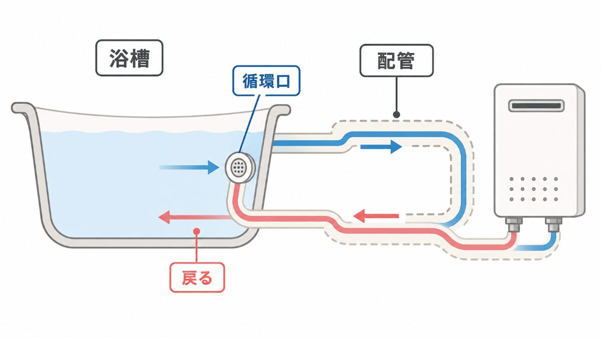 浴槽と循環口と追い焚き配管の関係を示す構造図