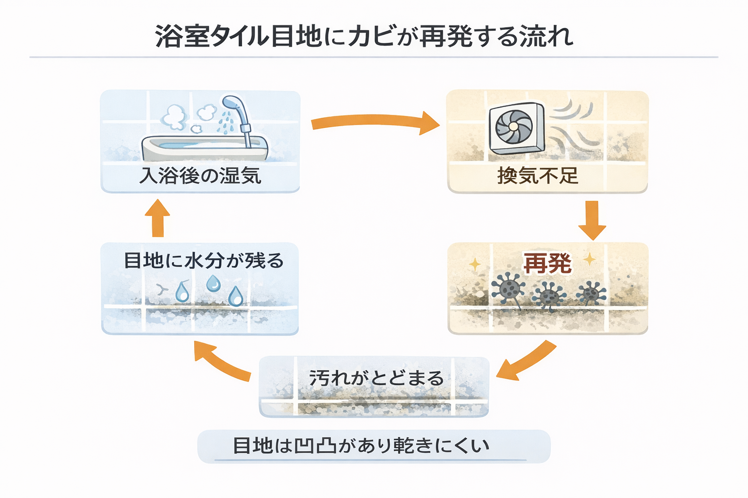 浴室タイル目地にカビが再発する流れを示した図解