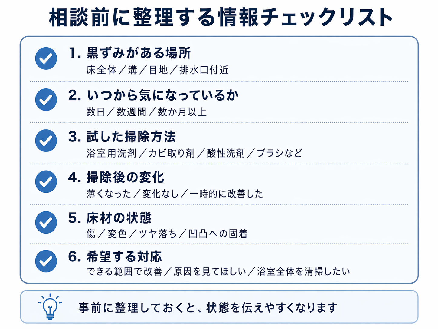 浴室床の黒ずみを業者に相談する前に整理する情報チェックリスト