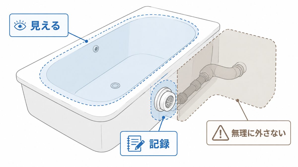風呂釜洗浄で家庭で見える範囲と無理に外さない範囲を示す注意図