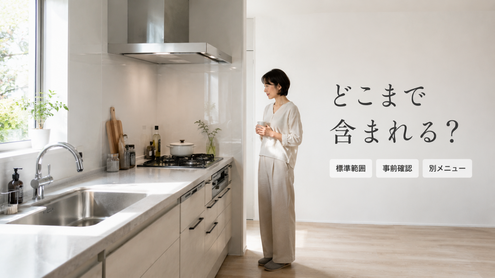 キッチンクリーニングで標準範囲と事前確認が必要な場所を示すキッチン写真