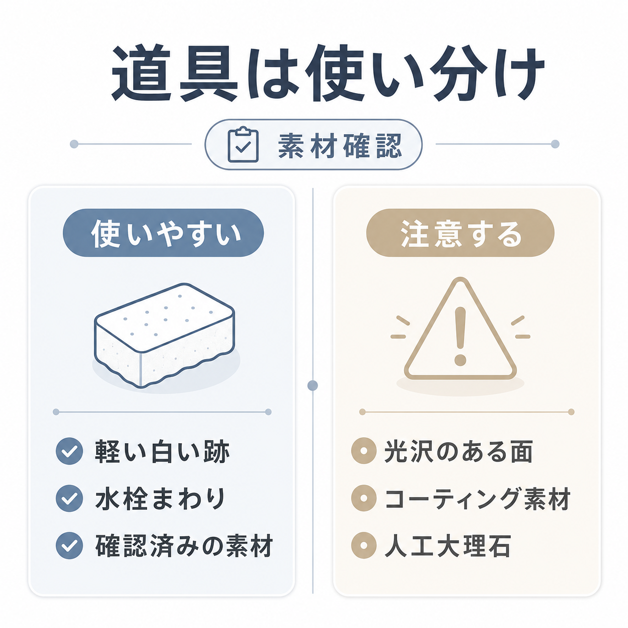 メラミンスポンジや研磨剤を使いやすい場面と注意する場面に分けた比較図