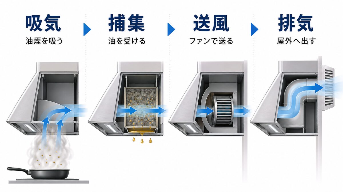 レンジフード内部で空気が吸気口からファンを通り排気される基本構造図