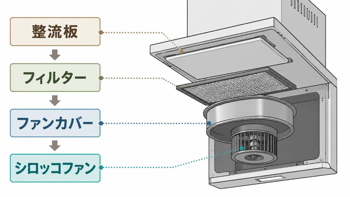 レンジフード内部でシロッコファンがある位置を示す図