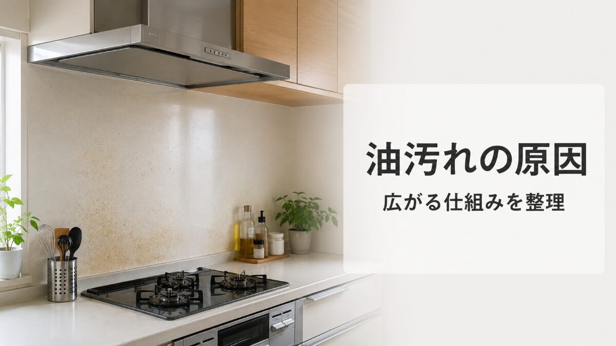キッチンのコンロから壁やレンジフードへ油汚れが広がる原因を示すアイキャッチ
