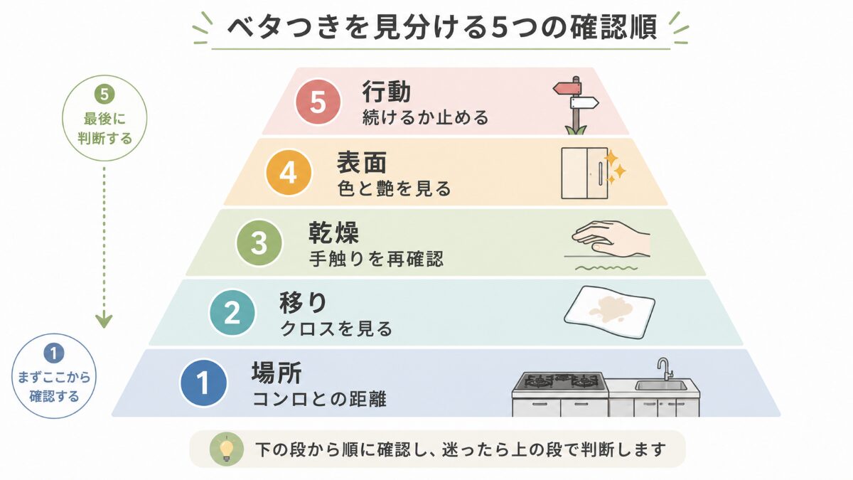 キッチンのベタつきを場所、クロスへの移り、乾燥後、表面状態、次の行動の順で確認する図