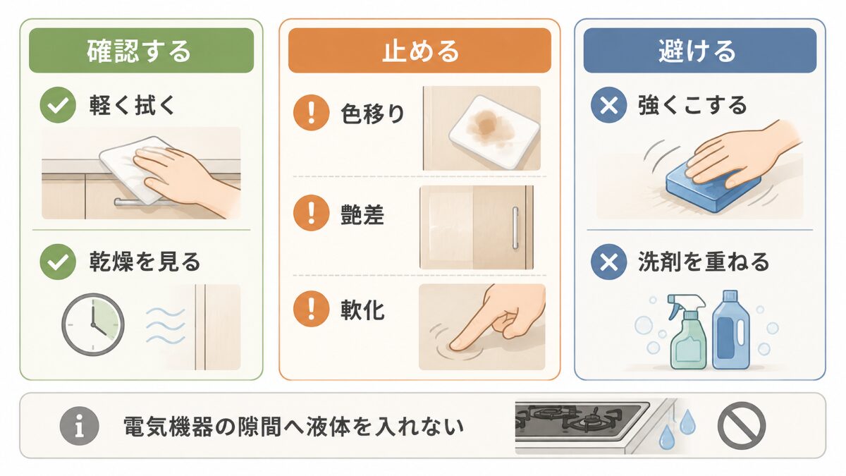 キッチンのベタつきを軽く確認する行動と掃除を止める条件の比較図