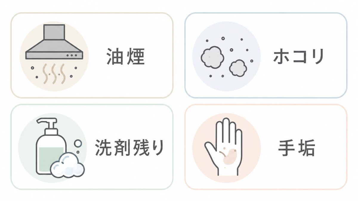キッチンのベタつき原因を油煙ホコリ洗剤残り手垢で整理した図解