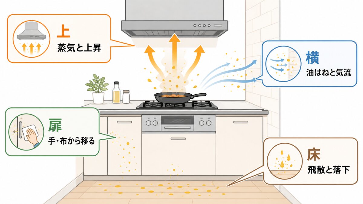 キッチンの場所別に油汚れが広がる理由を示す図解