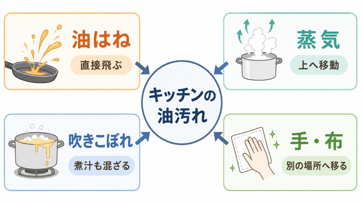 キッチンの油汚れが発生する4つの原因を示す図解