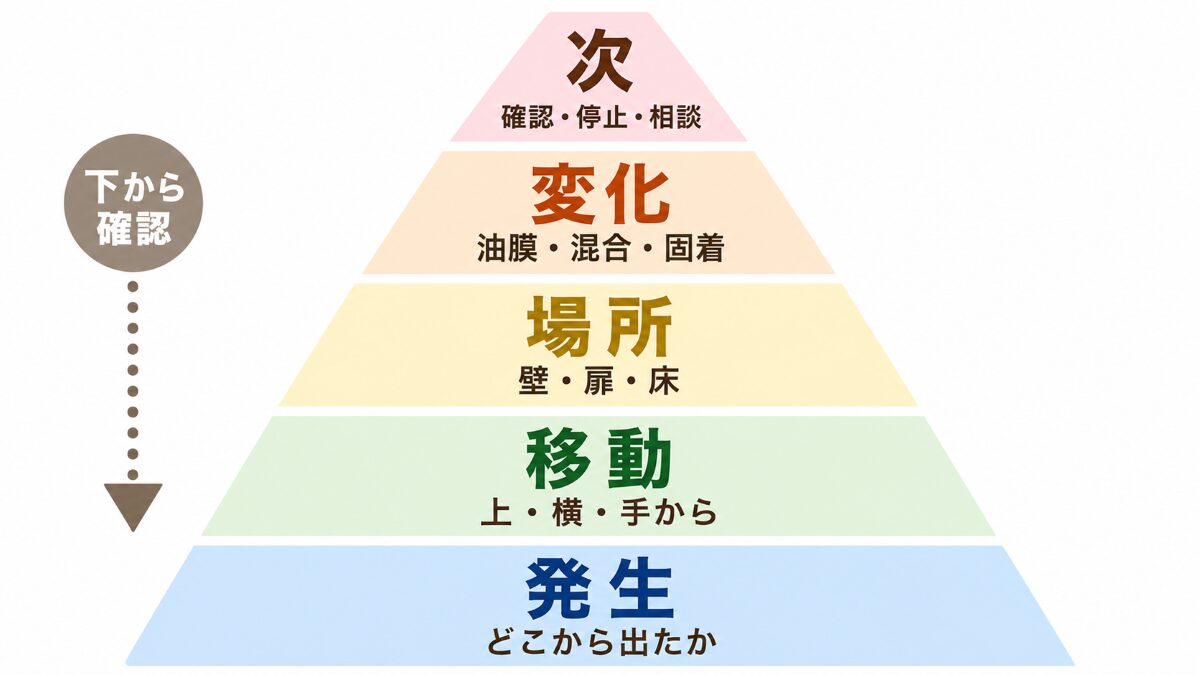 キッチンの油汚れ原因を発生、移動、場所、変化、次の判断で整理した図