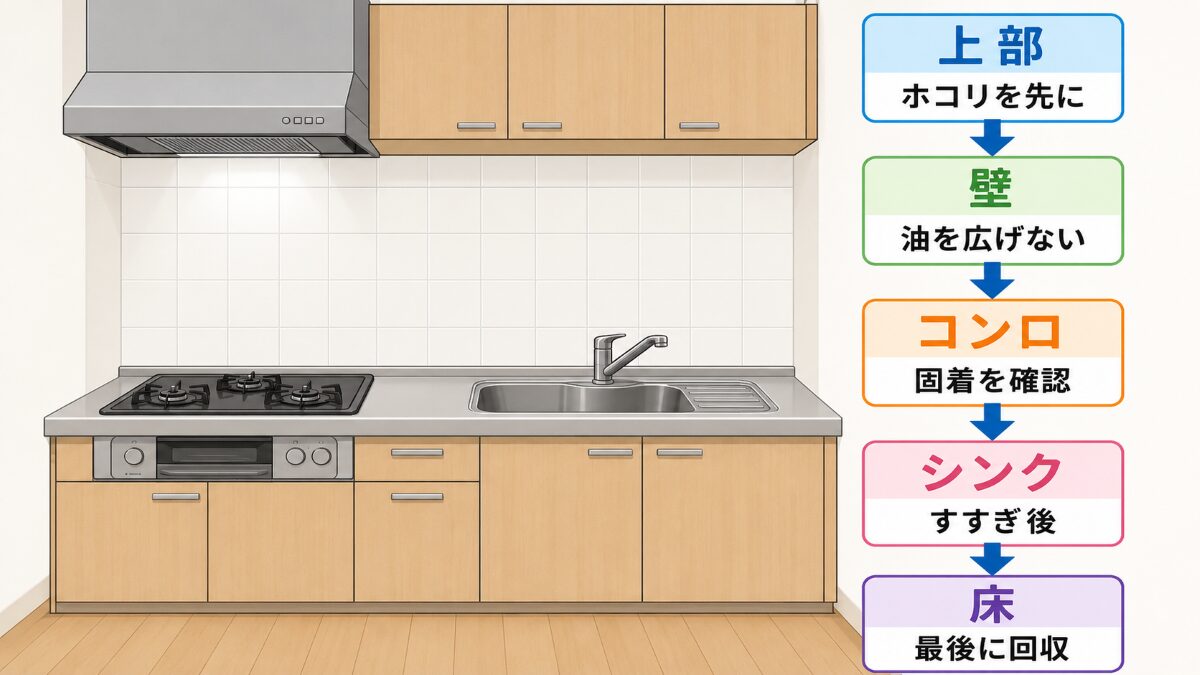 キッチンを高い場所から低い場所へ掃除する順番