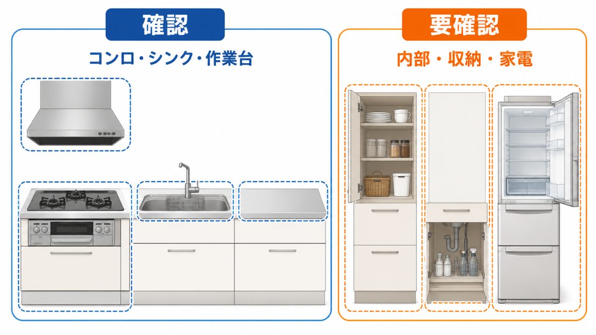 キッチンクリーニングで確認する場所と対象範囲を分ける図