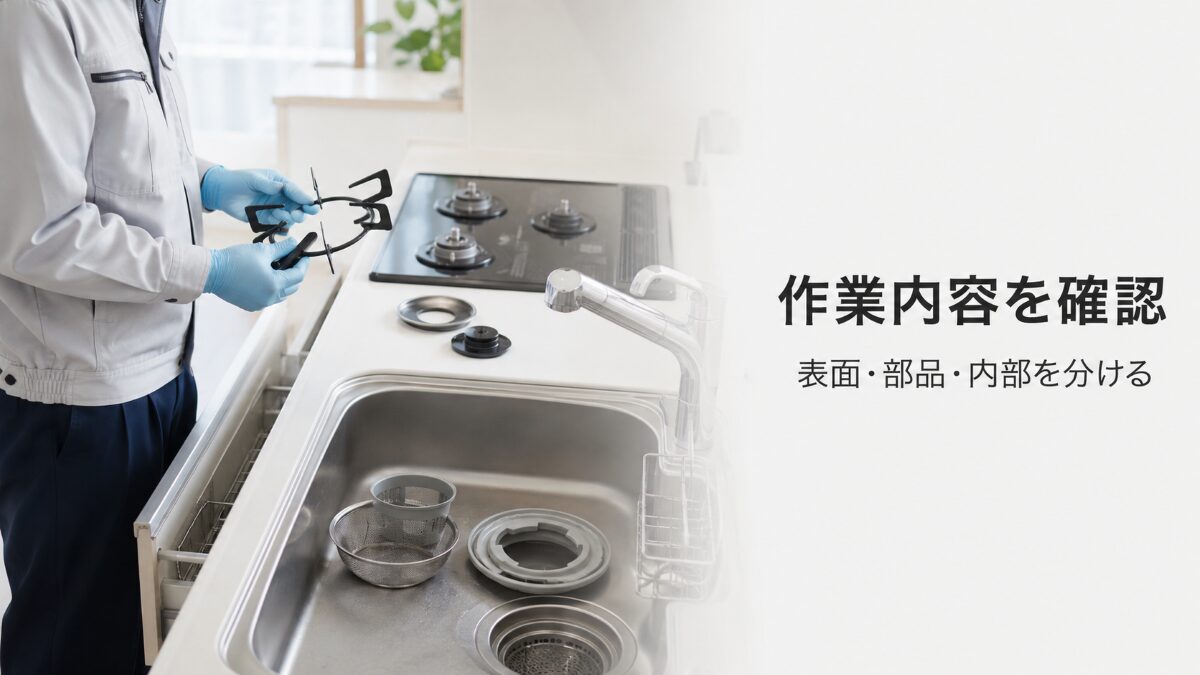 キッチンクリーニングの作業内容を表面・取り外せる部品・内部に分けて確認するイメージ