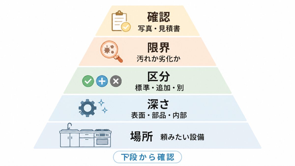 キッチンクリーニングの作業範囲を確認する5段階の優先順位