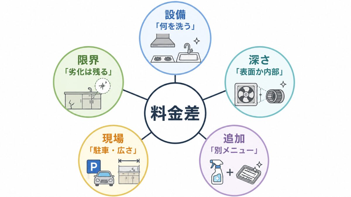 キッチンクリーニングの料金差を設備作業深度追加作業現場条件仕上がり限界に分ける図
