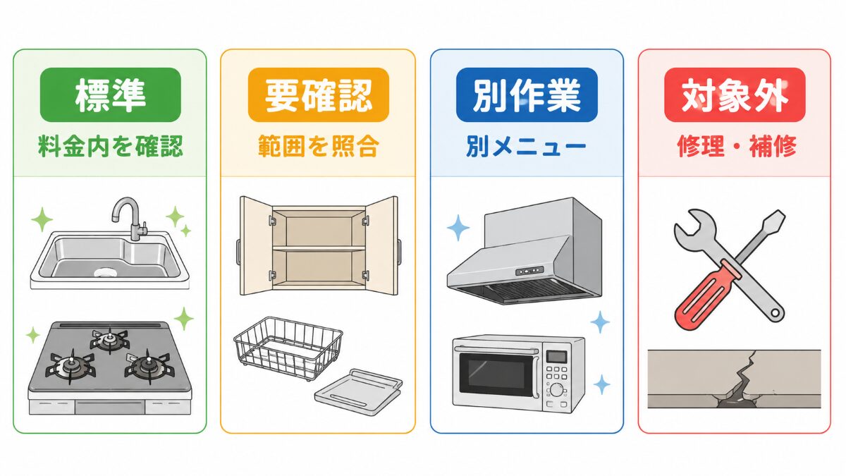 キッチンクリーニングを標準範囲・要確認・別作業・対象外に分けた比較図