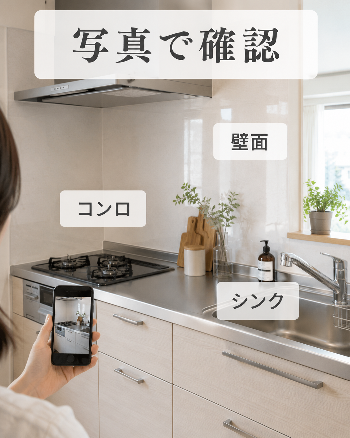 キッチンクリーニング依頼前にコンロやシンクの状態を写真で確認する様子
