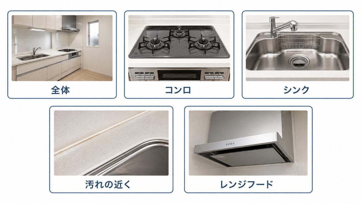 キッチンクリーニング相談前に撮影する全体・コンロ・シンク・汚れ・レンジフード