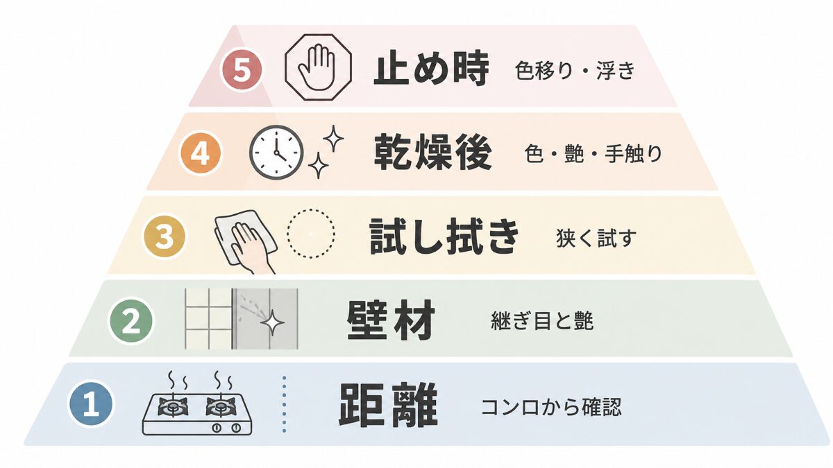 キッチン壁の油汚れをコンロとの距離、壁材、試し拭き、乾燥後、止め時の順で確認する優先順位図